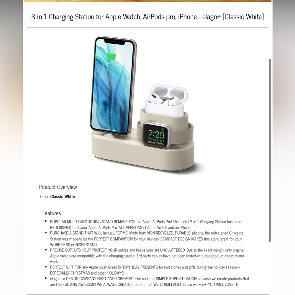Elago 3 in 1 Charging Station for Apple Watch, AirPod pro, iPhone Cream - Picture 4 of 15